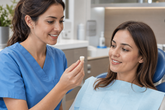 Dentist showing dental crown to CDCP patient at Northland Smiles NW Calgary
